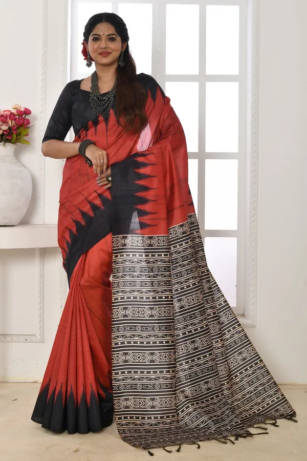 Red_Tussar_Silk_Saree_With_Printed_Work