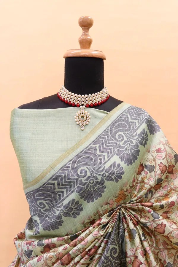 Sea_Green_Colour_Smooth_Silk_Saree_With_Digital_Kalmkari_Print
