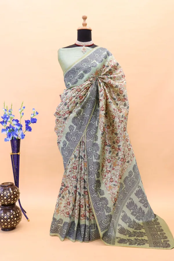 Sea_Green_Colour_Smooth_Silk_Saree_With_Digital_Kalmkari_Print