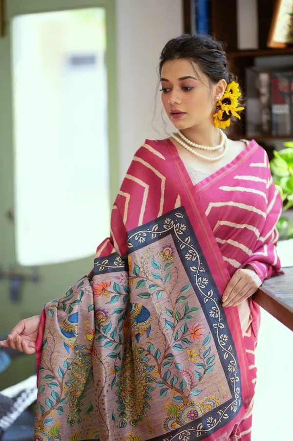 Soft_Tussar_Silk_Leheriya_Print_Saree_With_Kalmkari_Peacock_Pallu