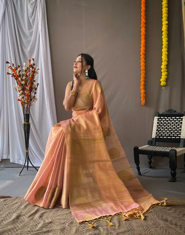Peach_Banarasi_Tissue_Silk_Saree