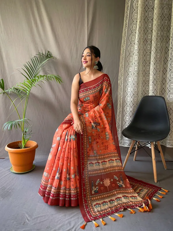 Orange_Pure_Malai_Cotton_Sarees_with_Digital_Printed_Work_With_Blouse_Piece_Attached