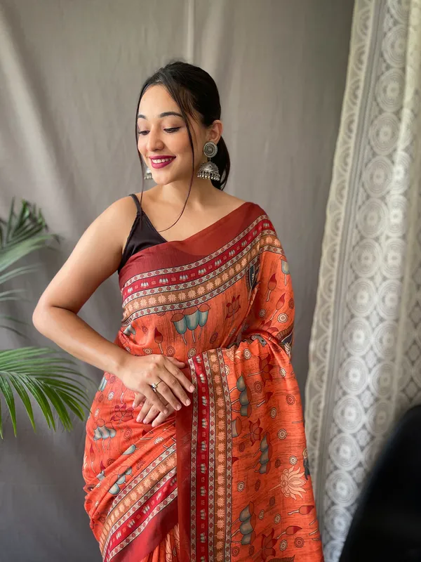 Orange_Pure_Malai_Cotton_Sarees_with_Digital_Printed_Work_With_Blouse_Piece_Attached