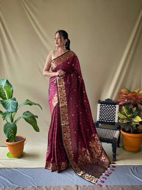 Maroon_Soft_Banarasi_Silk_Saree_With_Golden_Zari_Weaving_Work_With_Blouse_Piece_Attached