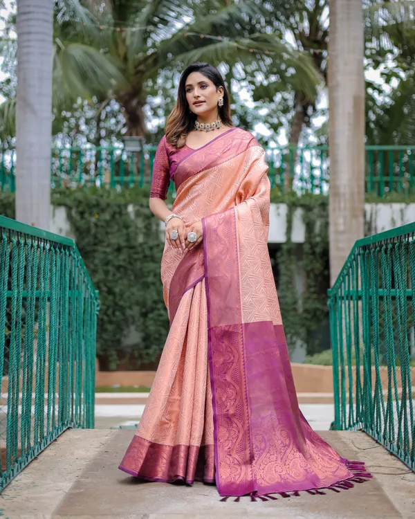 Peach_Kanjivaram_Silk_Saree_With_Copper_Zari_Work_With_Blouse_Piece_Attached