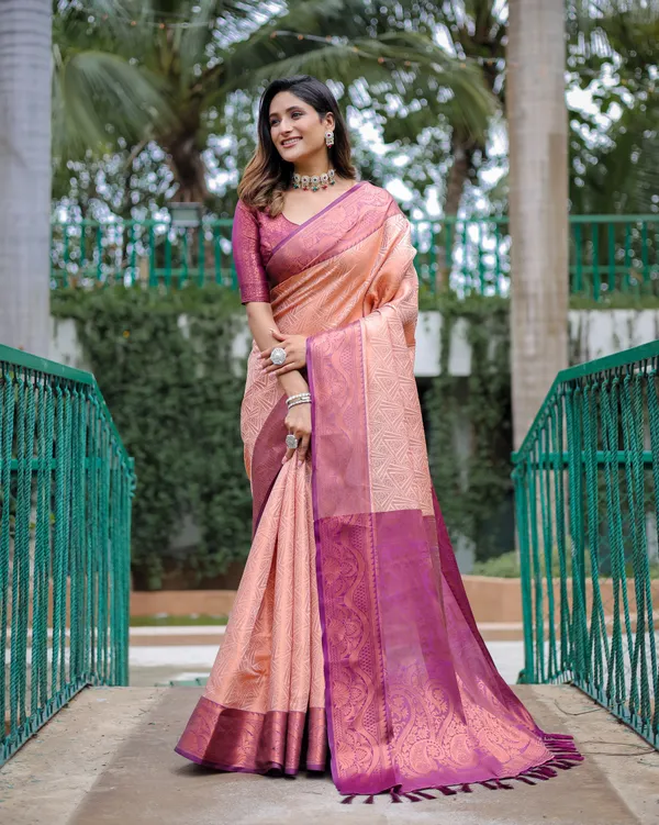 Peach_Kanjivaram_Silk_Saree_With_Copper_Zari_Work_With_Blouse_Piece_Attached