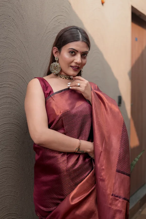 Maroon_Kanjivaram_Silk_Saree_with_Heavy_Copper_Zari_Work_-_Timeless_Elegance_With_Blouse_Piece_Attached