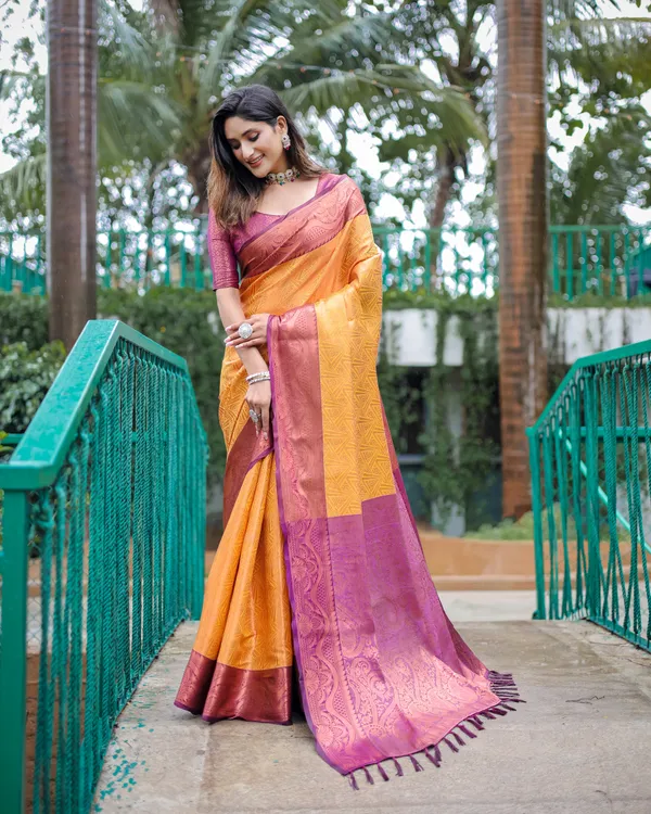 Yellow_Kanjivaram_Silk_Saree_With_Copper_Zari_Work_With_Blouse_Piece_Attached