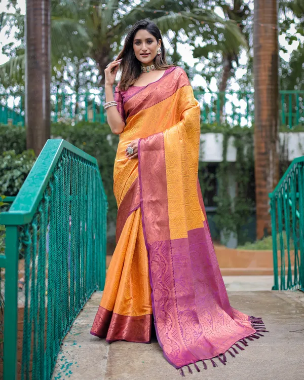 Yellow_Kanjivaram_Silk_Saree_With_Copper_Zari_Work_With_Blouse_Piece_Attached