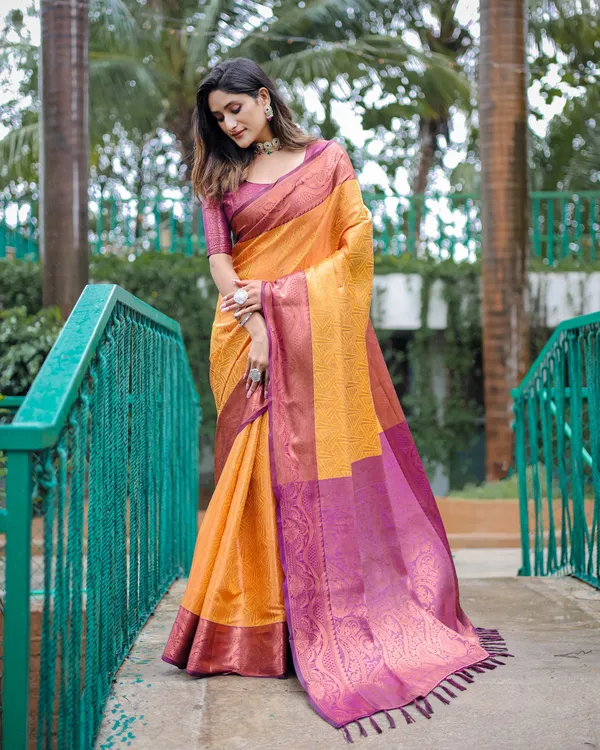 Yellow_Kanjivaram_Silk_Saree_With_Copper_Zari_Work_With_Blouse_Piece_Attached