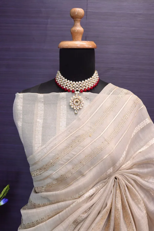 White_Fancy_Soft_Tussar_Silk_Saree_With_Gold_Zari_Weaving_Border