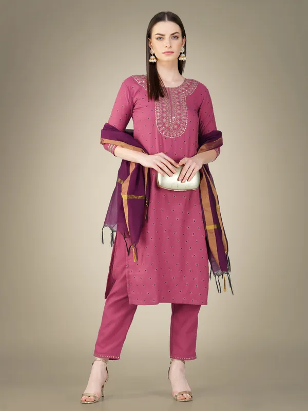 Wine_Cotton_Magic_Slub_Kurti_Pant_Dupatta_Set_With_Embroidery_&_Sequence_Work
