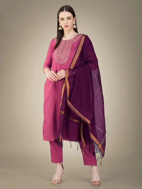 Wine_Cotton_Magic_Slub_Kurti_Pant_Dupatta_Set_With_Embroidery_&_Sequence_Work