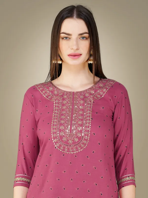 Wine_Cotton_Magic_Slub_Kurti_Pant_Dupatta_Set_With_Embroidery_&_Sequence_Work