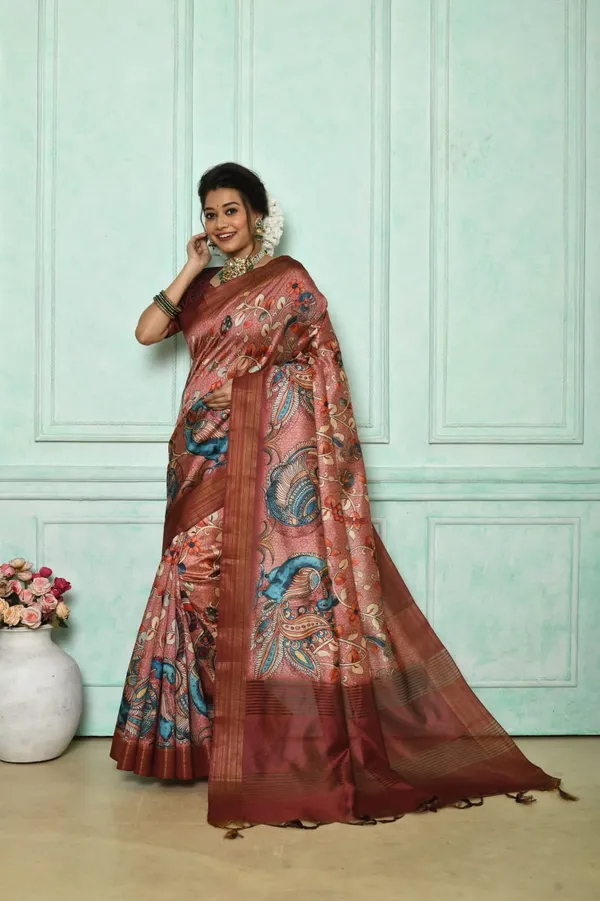Wine_Soft_Tussar_Silk_Saree_With_Kalmkari_Print