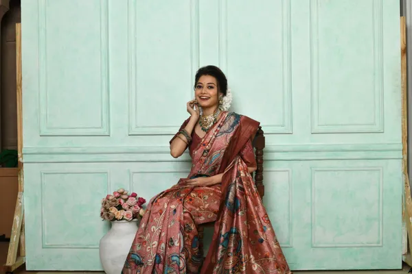 Wine_Soft_Tussar_Silk_Saree_With_Kalmkari_Print