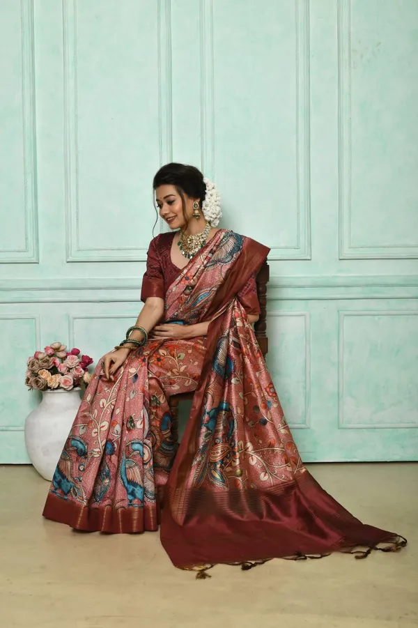 Wine_Soft_Tussar_Silk_Saree_With_Kalmkari_Print