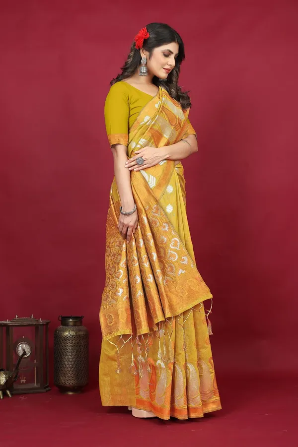 Yellow_Exclusive_Pure_Linen_Silk_Saree