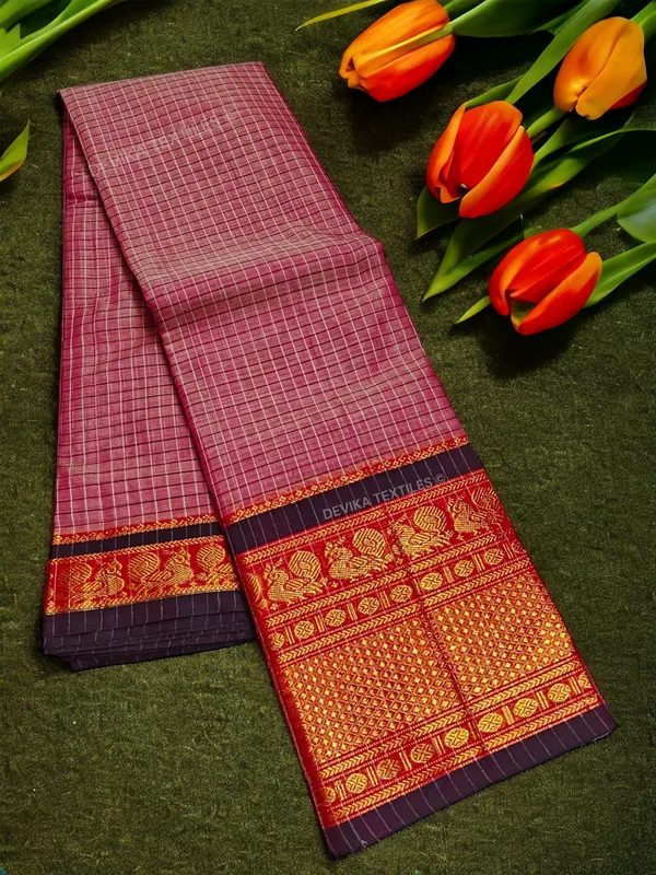BrickRed_Peacock_Checks_Narayan_peth_Pure_Handloom_Cotton_Saree_with_running_blouse_piece_(Same_As_saree)