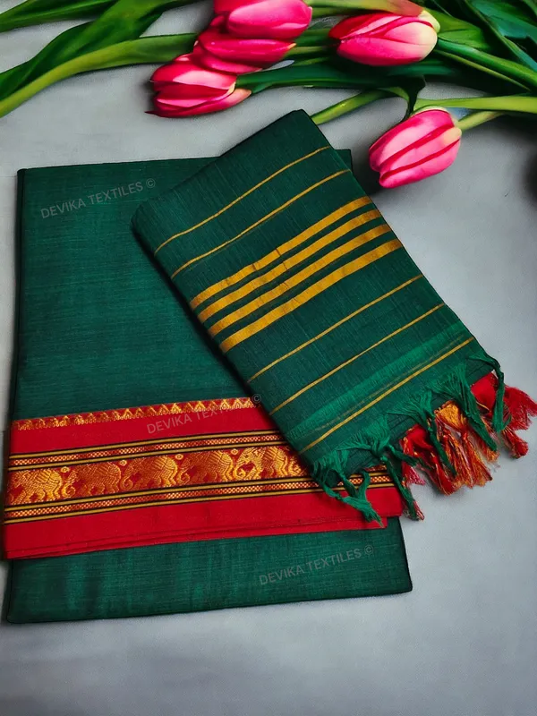 Bottle_Green_100%_Pure_Narayanpeth_Cotton_Elephant_Border_Dress_Material