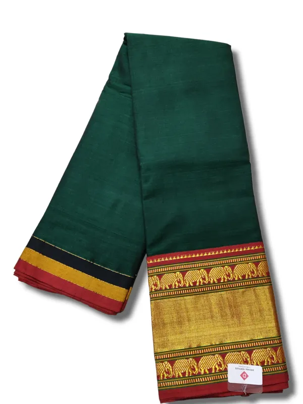 Bottle_Green_Double_Elephant_Border_Narayanpet_Pure_Handloom_Cotton_Sarees_with_Running_blouse_piece