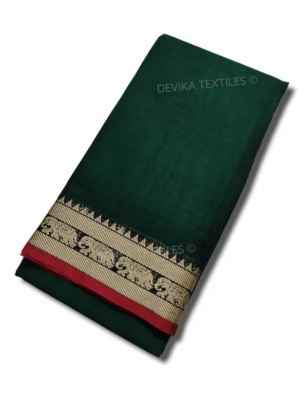 Bottle_Green_Elephant_Thread_Border_Narayanpet_Pure_Handloom_Cotton_Sarees_with_Running_blouse_piece_(Tanvi)