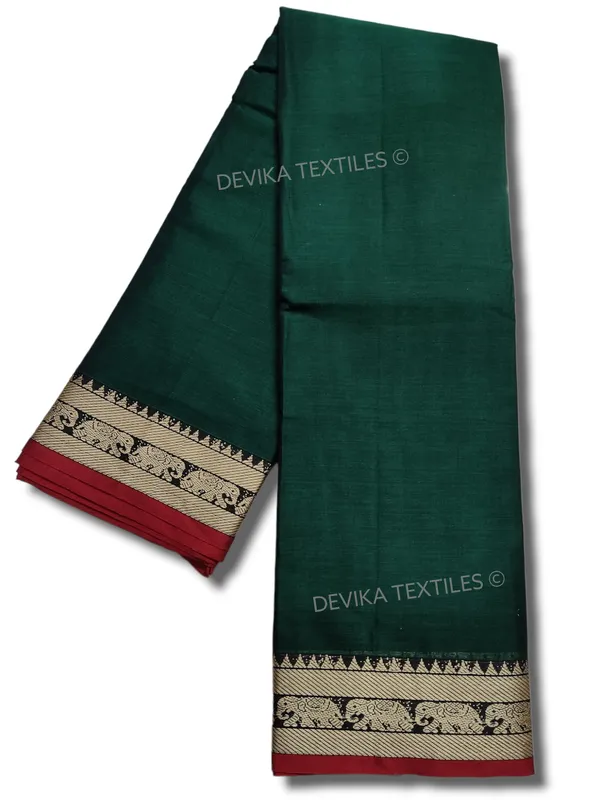 Bottle_Green_Elephant_Thread_Border_Narayanpet_Pure_Handloom_Cotton_Sarees_with_Running_blouse_piece_(Tanvi)