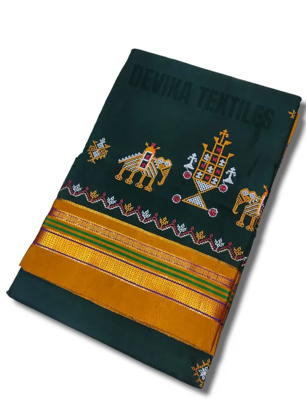 Bottle_green_Cottonsilk_ilkal_Kasuti_work_saree_with_running_blouse_piece
