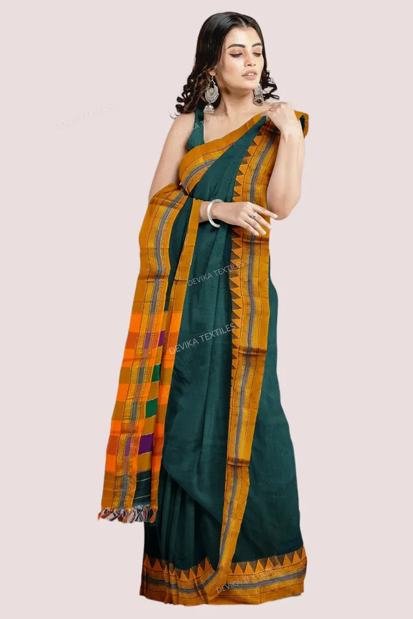 Bottole_Green_Ilkal_Cottonsilk_M_Border_Saree_with_Running_blouse_piece
