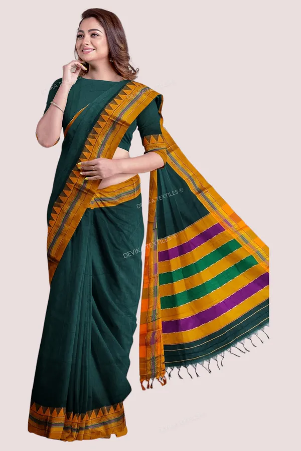Bottole_Green_Ilkal_Cottonsilk_M_Border_Saree_with_Running_blouse_piece