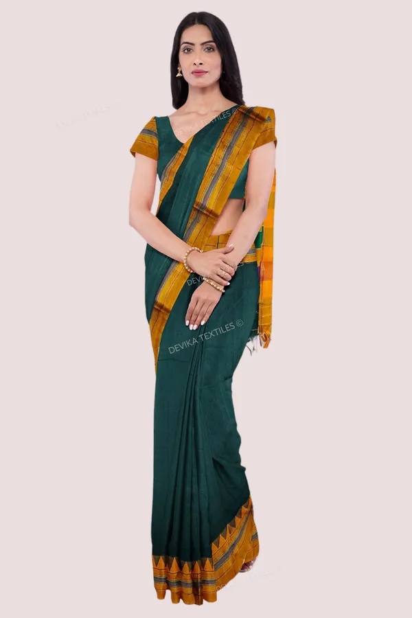 Bottole_Green_Ilkal_Cottonsilk_M_Border_Saree_with_Running_blouse_piece