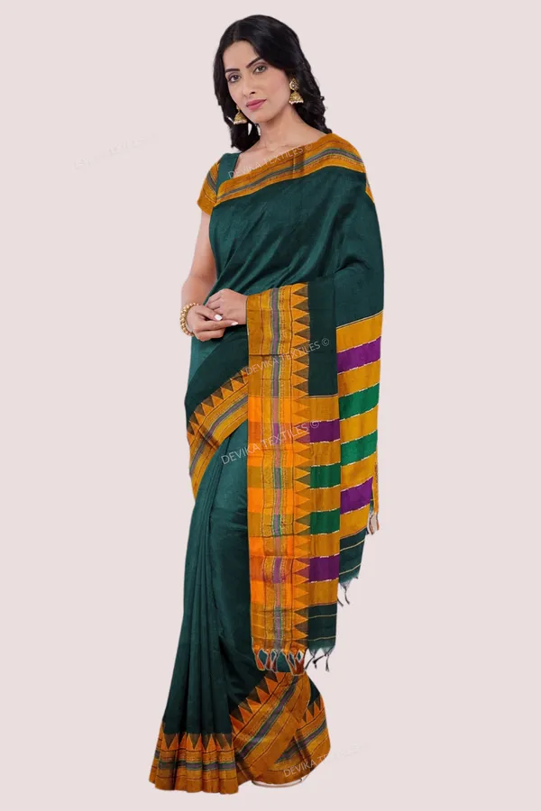 Bottole_Green_Ilkal_Cottonsilk_M_Border_Saree_with_Running_blouse_piece