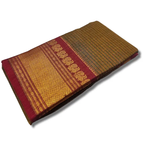 Brown_Checks_Narayanpet_Cotton_saree_Woven_Gold_Jari_In_Border_with_Running_blouse_piece_(Checks_Khaki)