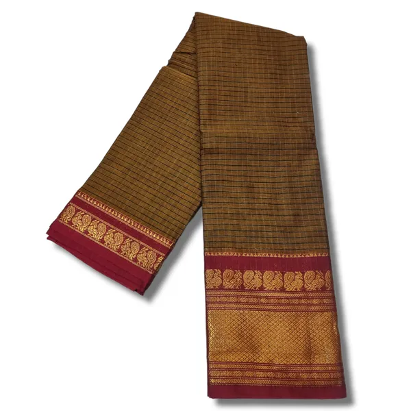 Brown_Checks_Narayanpet_Cotton_saree_Woven_Gold_Jari_In_Border_with_Running_blouse_piece_(Checks_Khaki)