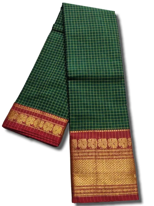 Women'S_Narayanpet_Checks_Cotton_Saree_With_Running_Blouse_Piece_(Green(Small_Checks)