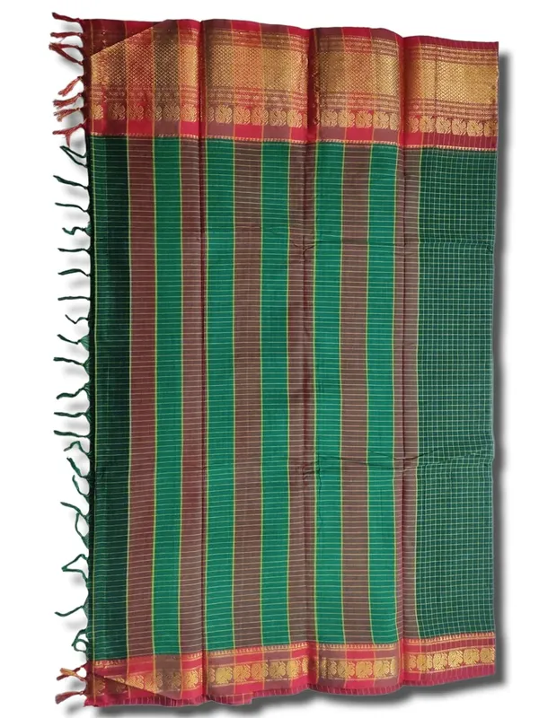 Women'S_Narayanpet_Checks_Cotton_Saree_With_Running_Blouse_Piece_(Green(Small_Checks)
