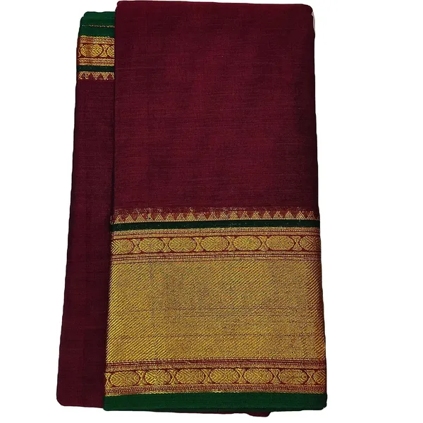 Handloom_Pure_Masarised_Cotton_Saree_With_Running_Blouse_Piece_(Maroon+Green_Border)_For_Women