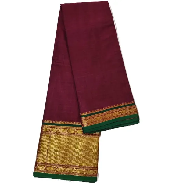 Handloom_Pure_Masarised_Cotton_Saree_With_Running_Blouse_Piece_(Maroon+Green_Border)_For_Women