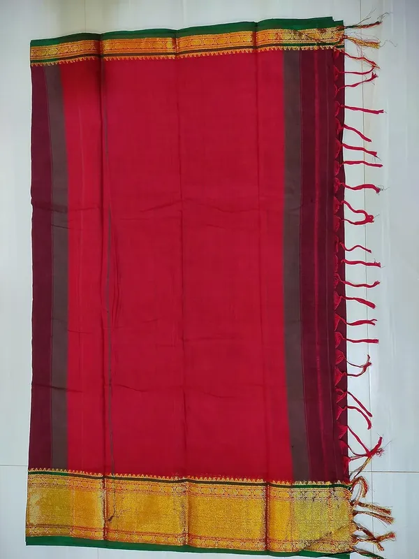 Handloom_Pure_Masarised_Cotton_Saree_With_Running_Blouse_Piece_(Maroon+Green_Border)_For_Women