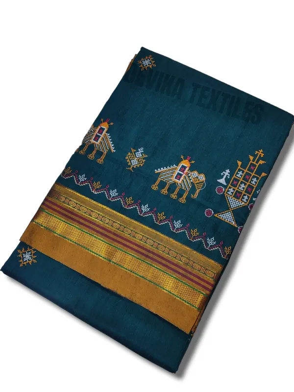Dark_Ananda_cotton_silk_ilkal__Kasuti_Work_saree_with_Running_blouse_piece