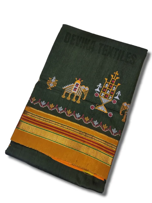 Dark_mehandi_Cottonsilk_ilkal_Kasuti_work_saree_with_running_blouse_piece