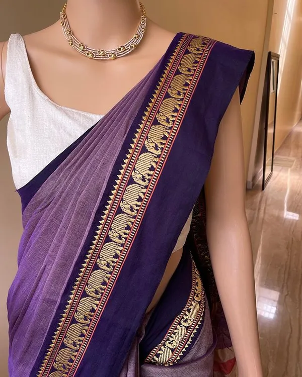 Dual_Tone_Bluish_Grey_Single_Elephant_Narayanpet_Pure_Cotton_Saree_with_running_blouse_piece(Same_as_saree)