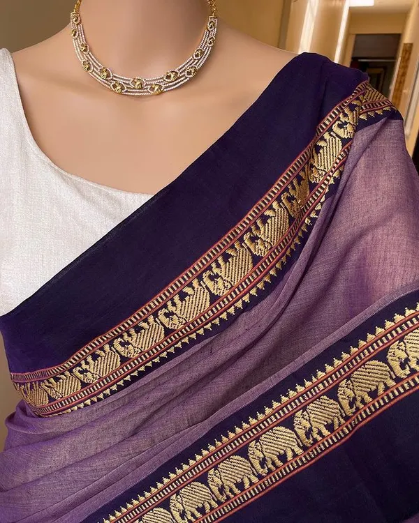 Dual_Tone_Bluish_Grey_Single_Elephant_Narayanpet_Pure_Cotton_Saree_with_running_blouse_piece(Same_as_saree)