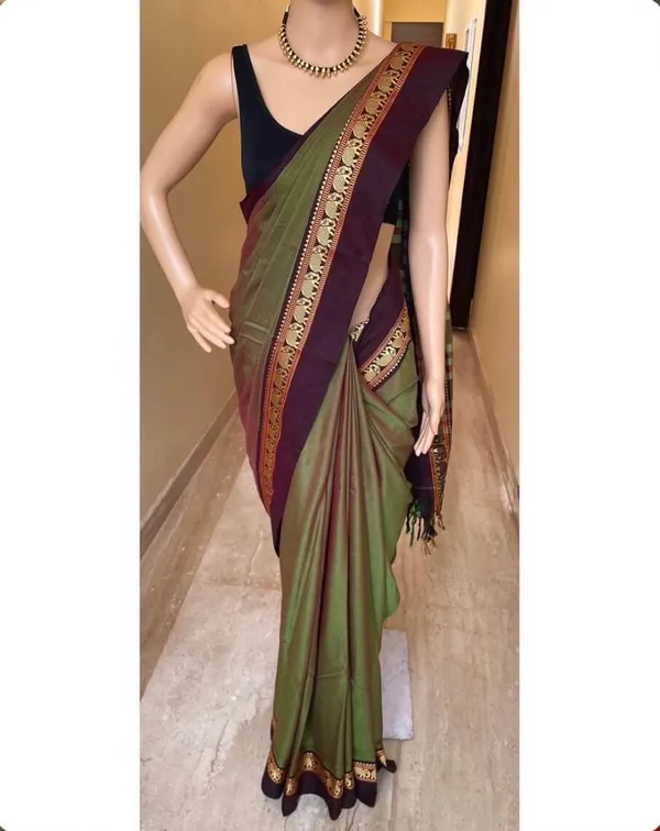 Elephant_Border_Narayanpet_Pure_Handloom_Cotton_Sarees_with_Running_blouse_piece(Seaweed_Green)