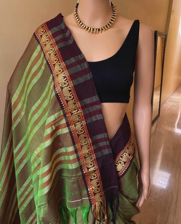 Elephant_Border_Narayanpet_Pure_Handloom_Cotton_Sarees_with_Running_blouse_piece(Seaweed_Green)