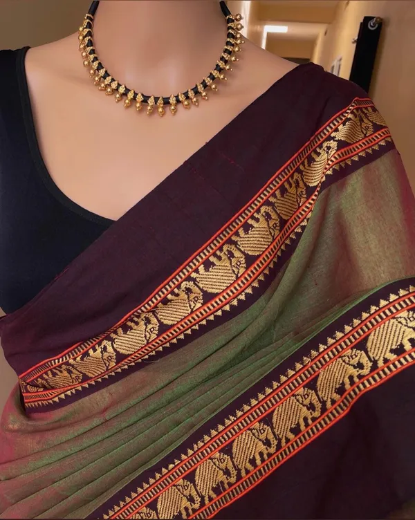 Elephant_Border_Narayanpet_Pure_Handloom_Cotton_Sarees_with_Running_blouse_piece(Seaweed_Green)