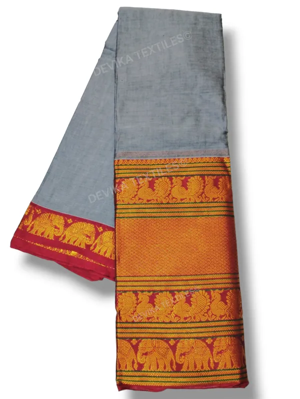 Grey_Big_Elephant_Border_Narayanpet_Pure_Cotton_Saree_with_Running_blouse_piece