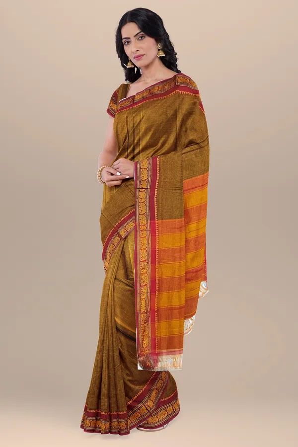 Khaki_Single_Elephant_Jari_Border_Narayanpet_Pure_Handloom_Cotton_Saree_with_Running_blouse_piece