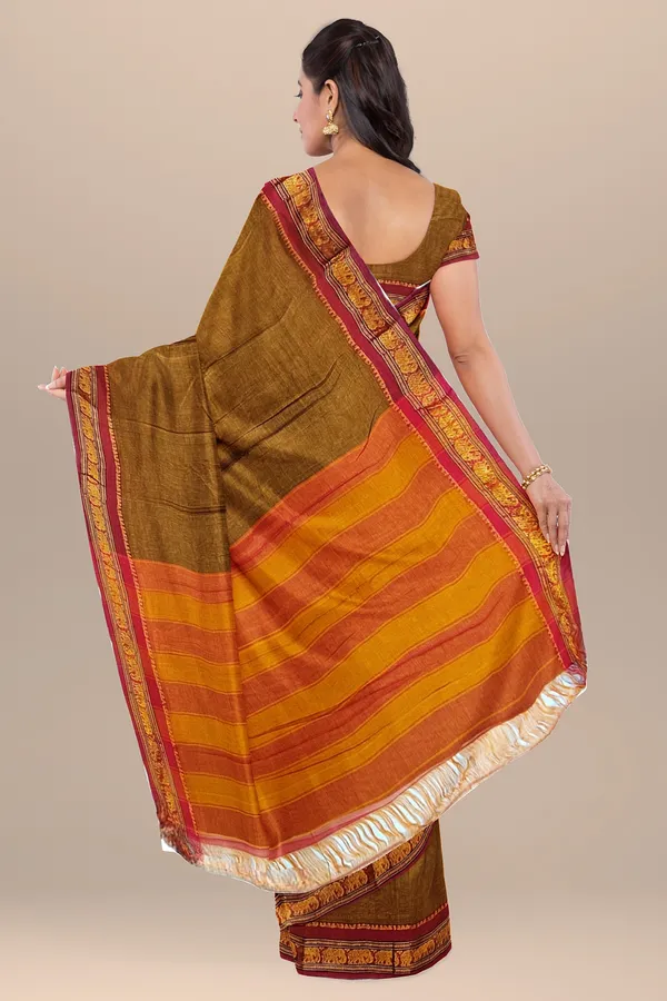 Khaki_Single_Elephant_Jari_Border_Narayanpet_Pure_Handloom_Cotton_Saree_with_Running_blouse_piece