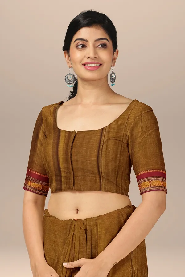 Khaki_Single_Elephant_Jari_Border_Narayanpet_Pure_Handloom_Cotton_Saree_with_Running_blouse_piece